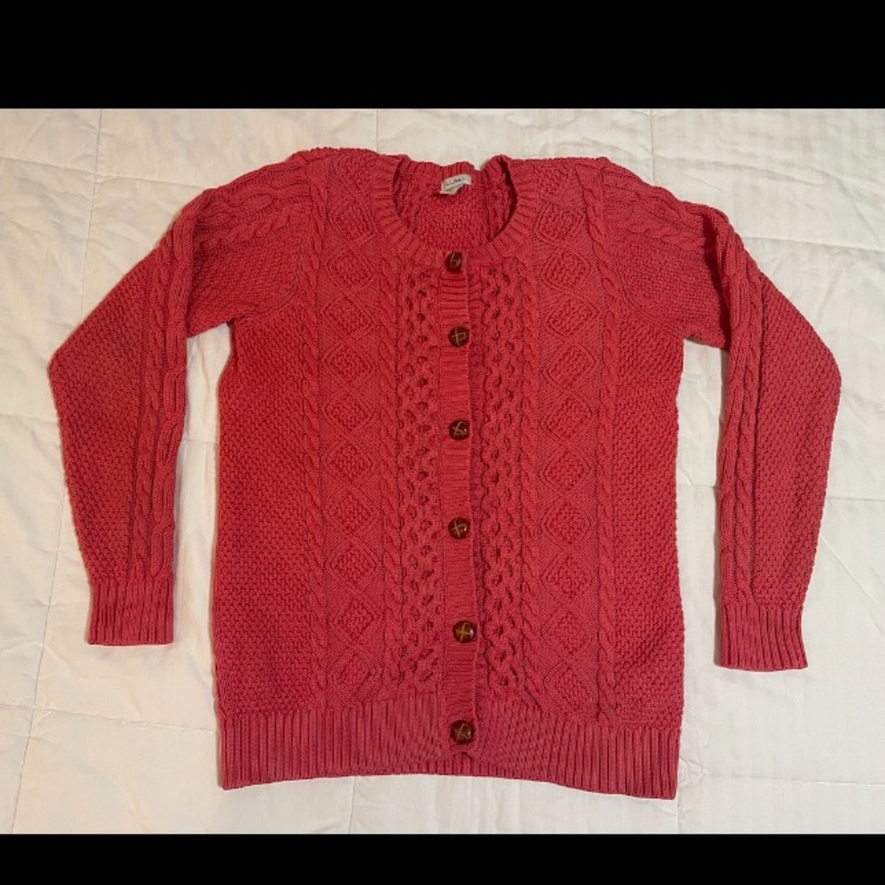 L.L. Bean Women’s Coral Cable Knit Cardigan Sweater 100% Cotton EUC Vintage